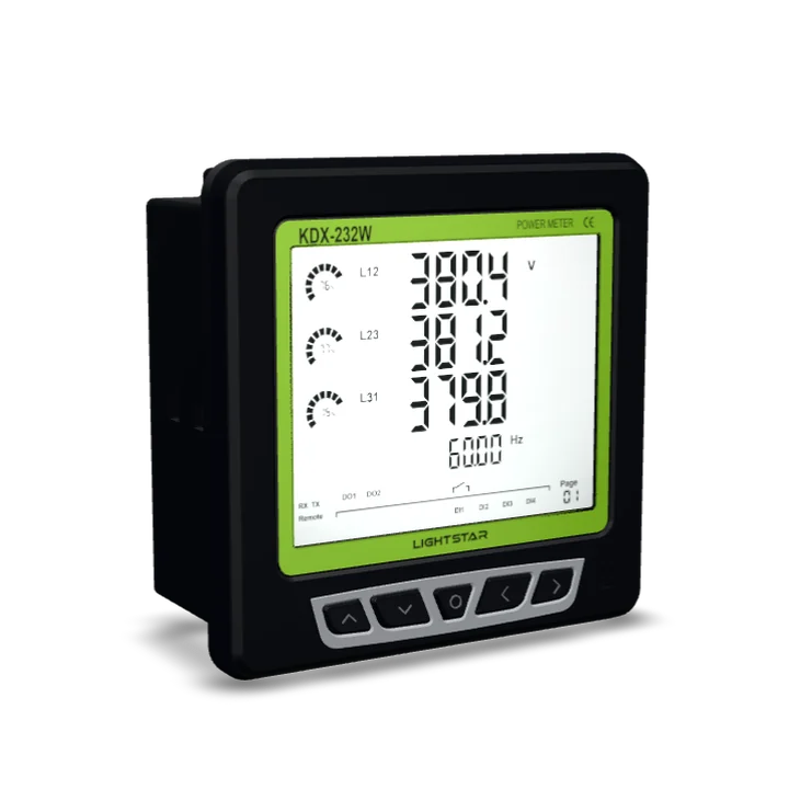 KDX-232W 웹 모니터링 디지털 집합계기 — 정면 LCD에 3상 전압 계측값이 표시된 모습