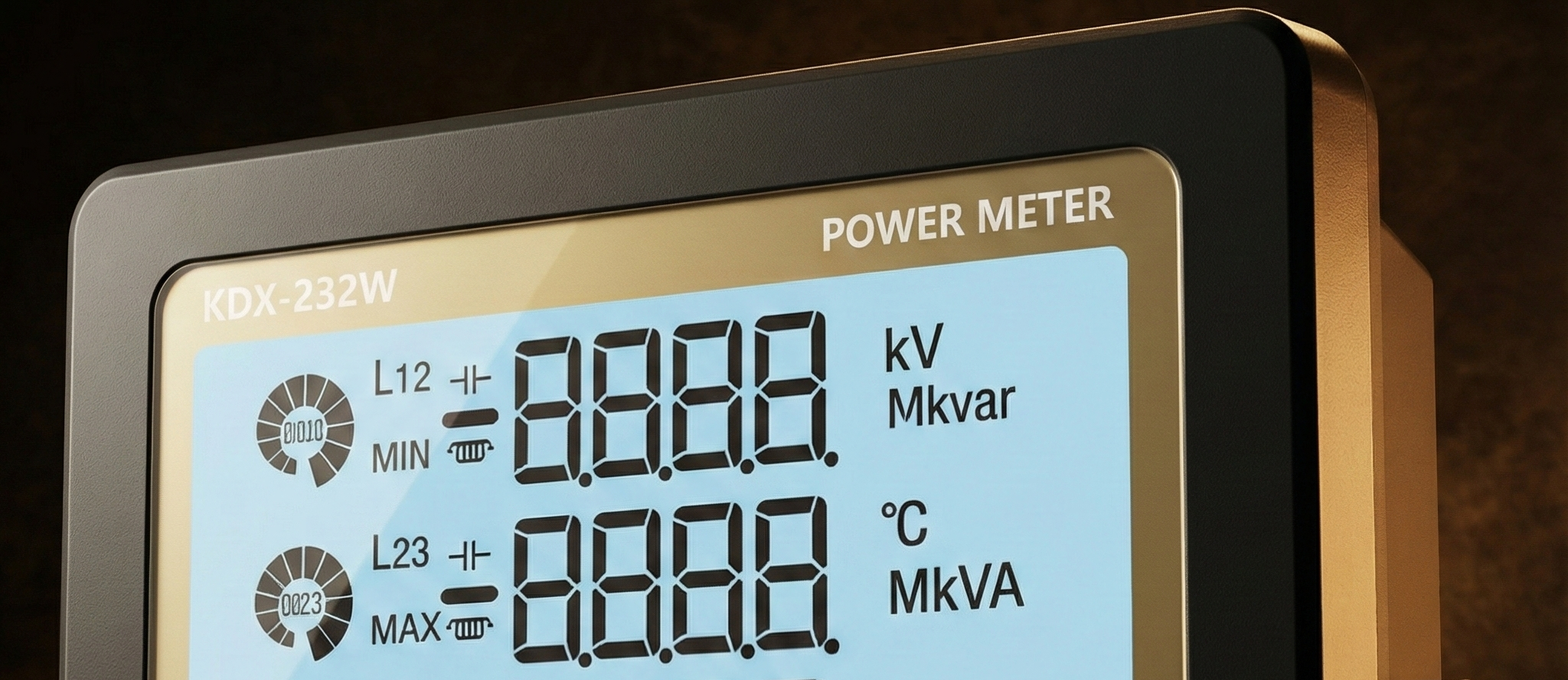 KDX-232W 전력계 LCD 화면 — 전압·무효전력·온도 계측 표시